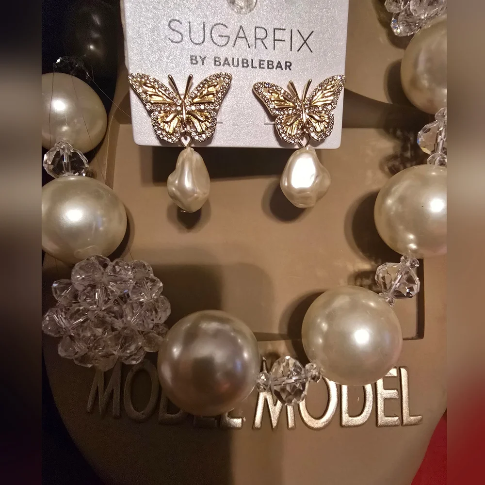 BaubleBar Gold and Pearl Drop Butterfly Earrings and necklace set